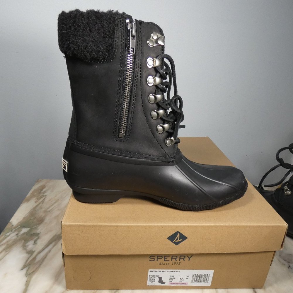 Sperry womens Saltwater Tall Leather Cozy Rain Boot, Black, 7 US - Picture 3 of 10